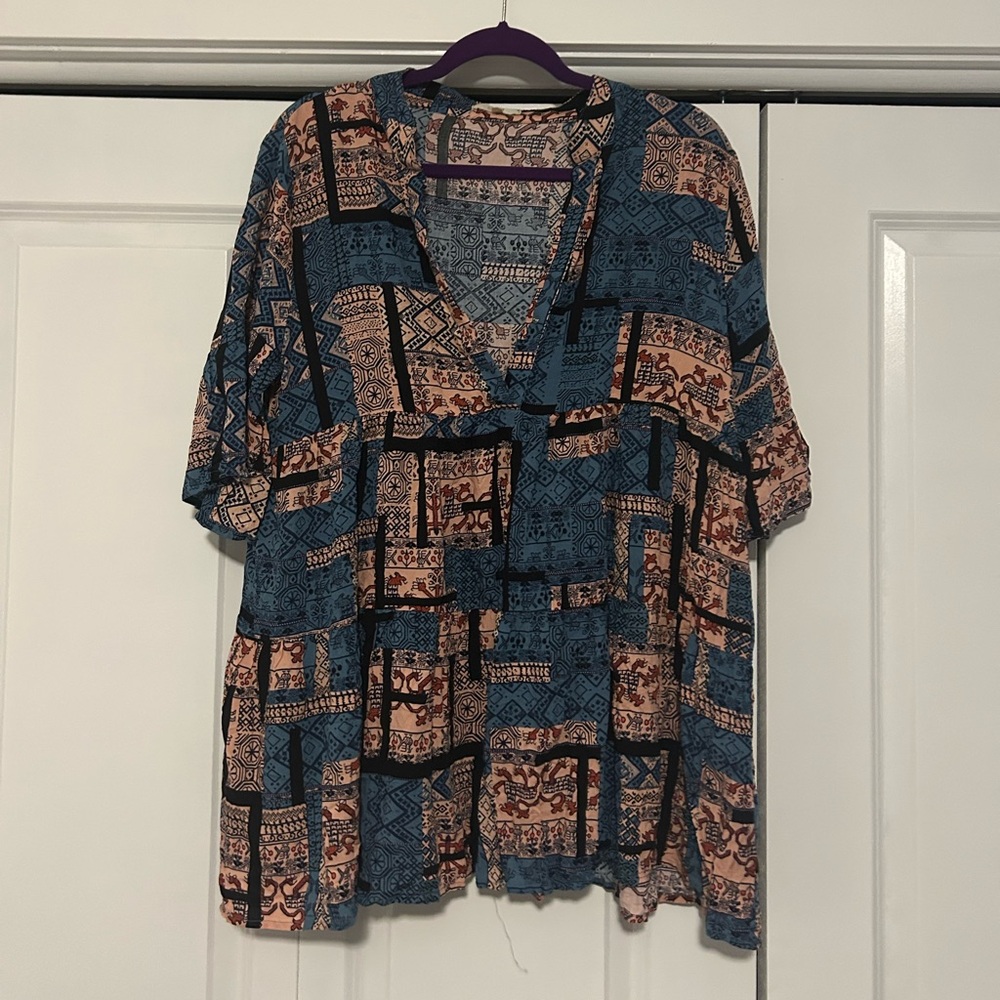 Easel Bohemian Patchwork V-Neck Top/mini dress - Blue and Brown